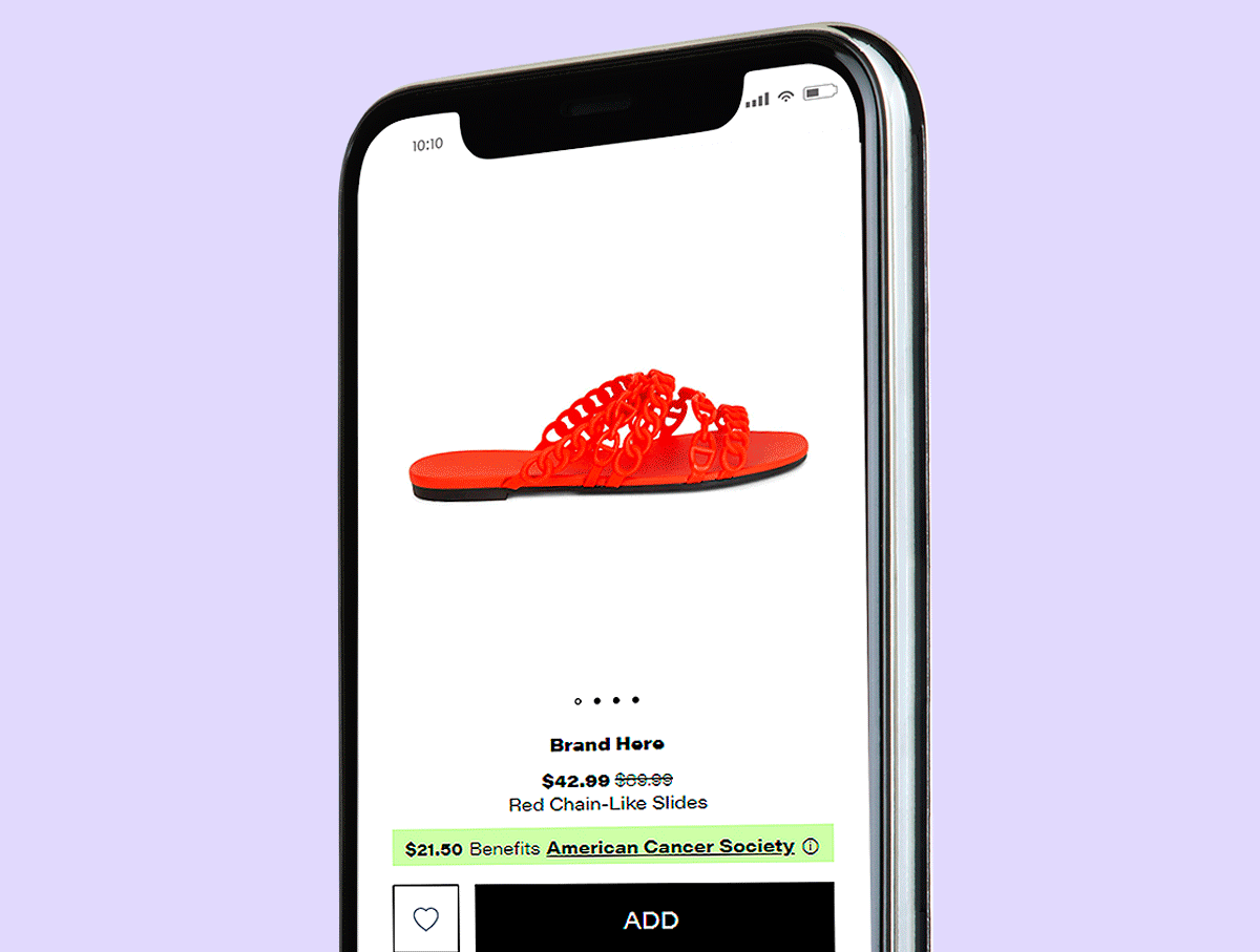 Shopping product page with charity disclosed